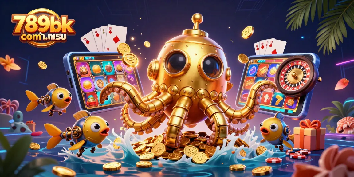 Immerse in 789bk com เข้า สู่ ระบบ with a vibrant 3D casino scene of a kraken submarine amidst slot games.