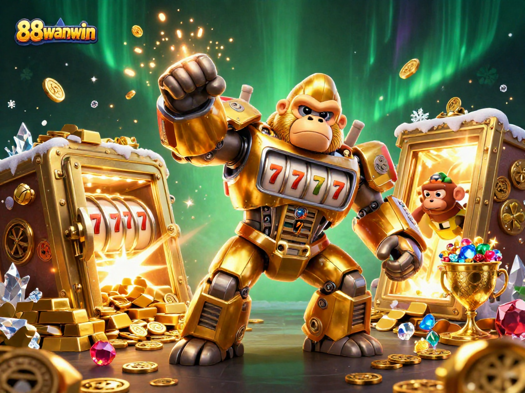 Experience 88wanwin with a golden gorilla mech amidst exploding coins and treasures.