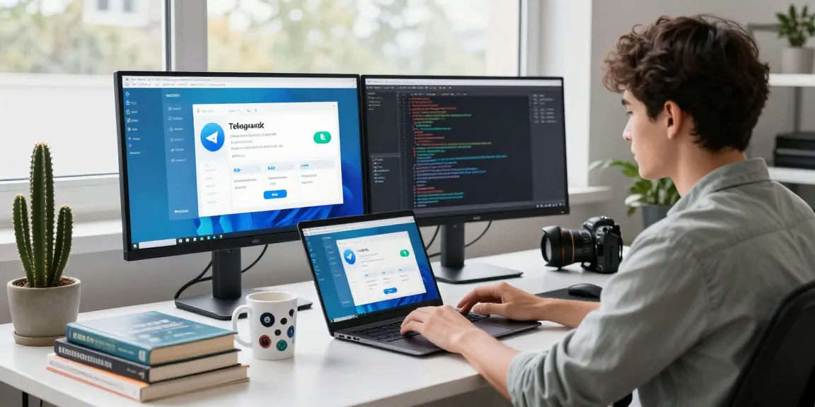 Developer using Telegram中文版 in a modern tech workspace with multiple monitors and coding scripts.