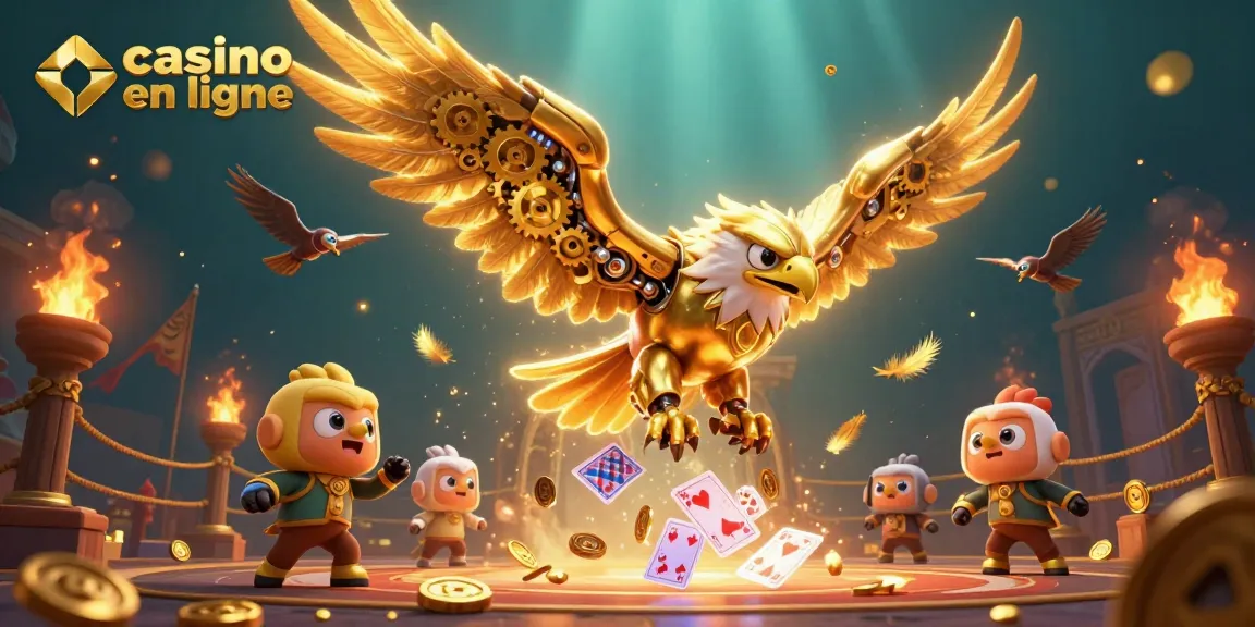 Plongez dans l'univers du casino en ligne avec un aigle cybernétique survolant des cartes holographiques.