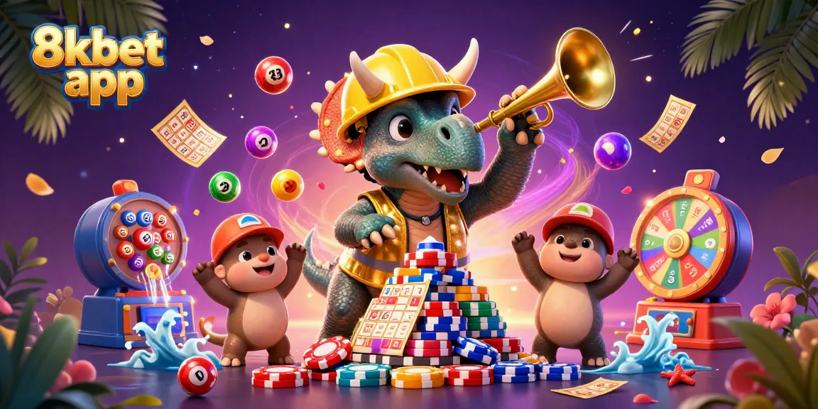 Engage with the 8xbet app as the triceratops builds poker chip pyramids in a lively casino scene.