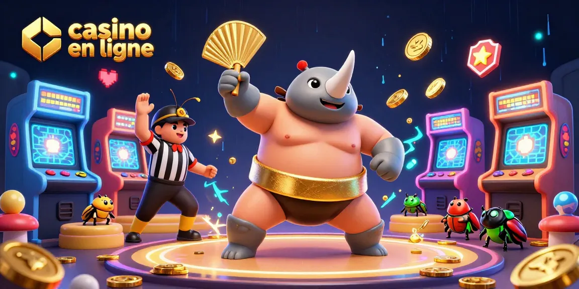 Scène dynamique de jeu avec un rhinocéros scarabée sumo, des pièces d'or et des machines de casino interactives dans un casino en ligne.