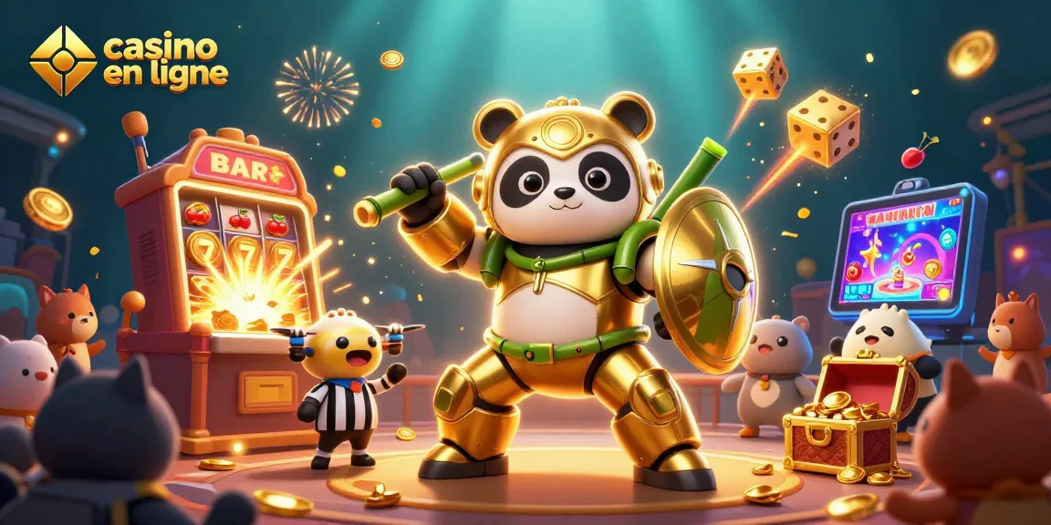 Visualisez un casino en ligne avec un panda doré et des machines à sous éclatantes, ambiance festive.