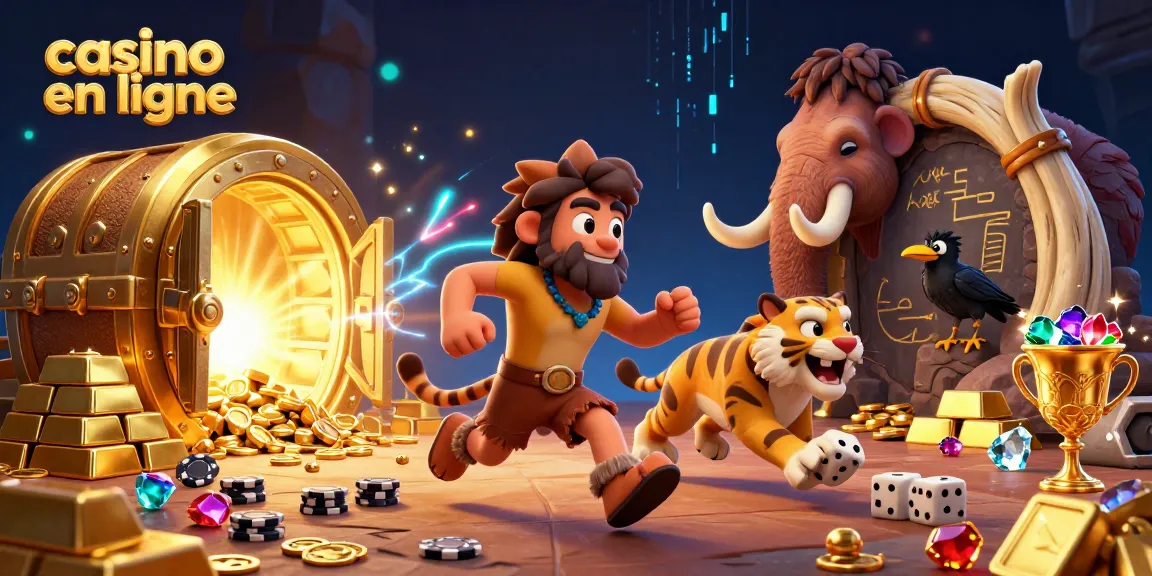 Illustration d'un casino en ligne préhistorique avec un homme des cavernes et un tigre à dents de sabre.