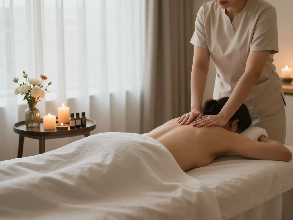 Relaxing 역삼동마사지 experience in a serene spa setting with soothing candles and natural light.