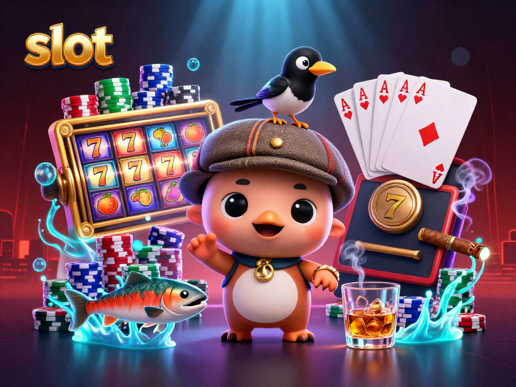 Spin the slot reels with Nessie, a playful magpie, and tartan salmon in a vibrant casino illustration.