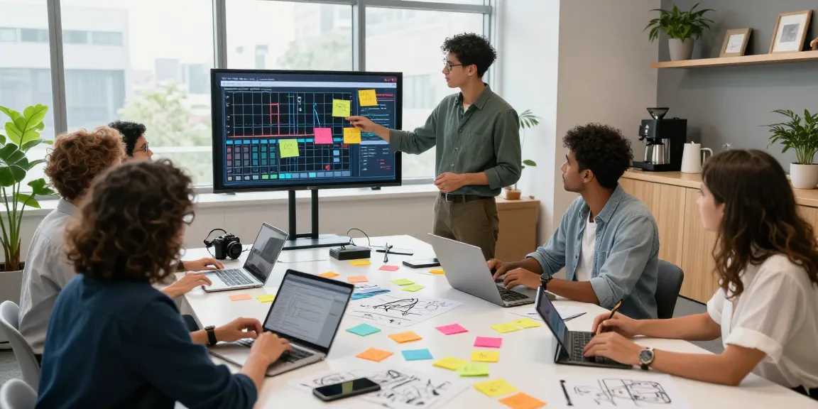 Team collaborating on a digital mixboard in an innovative workspace.