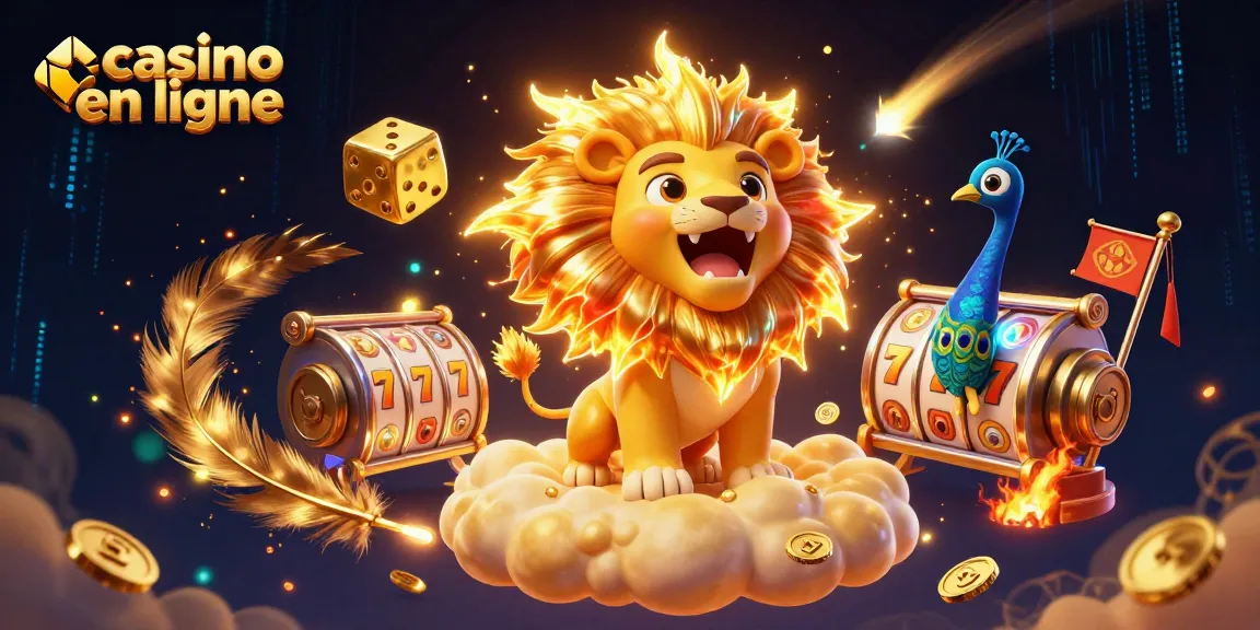 Casino en ligne : illustration dynamique d'un lion et des jeux de casino en 3D.