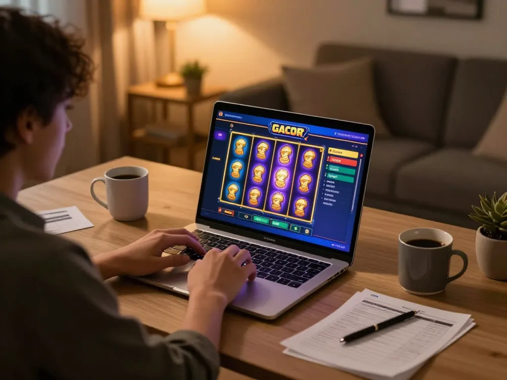 Engaged player explores slot gacor game on laptop, showcasing vibrant reels and strategic betting