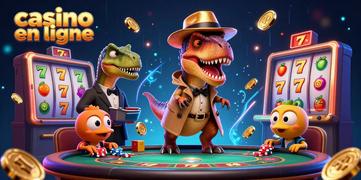 Jouer au casino en ligne avec un velociraptor comptant les cartes au blackjack entouré de nombreux éléments de jeu.