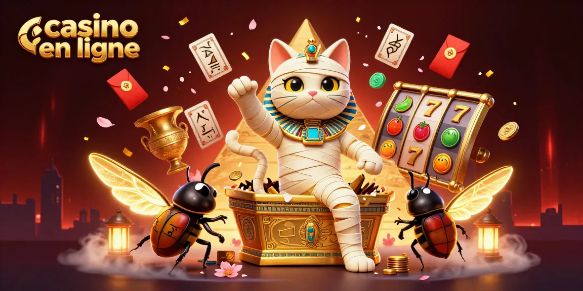 Casino en ligne avec un chat momie égyptien émergeant d'un sarcophage, entouré d'éléments de jeu colorés.