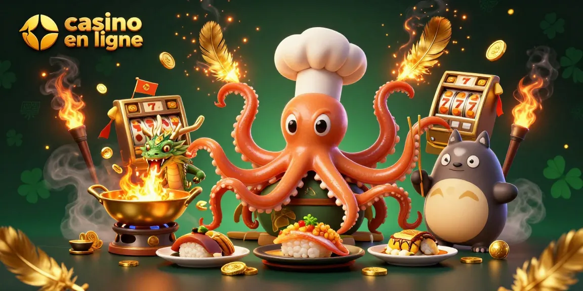 Vivez l'excitation du casino en ligne avec un chef sushi, un dragon et un client tanuki.