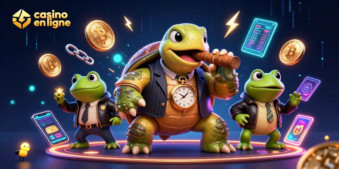 Le casino en ligne animé par une tortue massive et des grenouilles en costume, éclairage et symbole crypto.