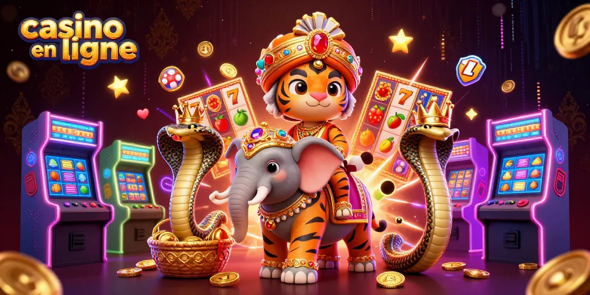 Jouez à casino en ligne avec une illustration dynamique d'un tigre maharaja dans un espace de jeu vibrant.