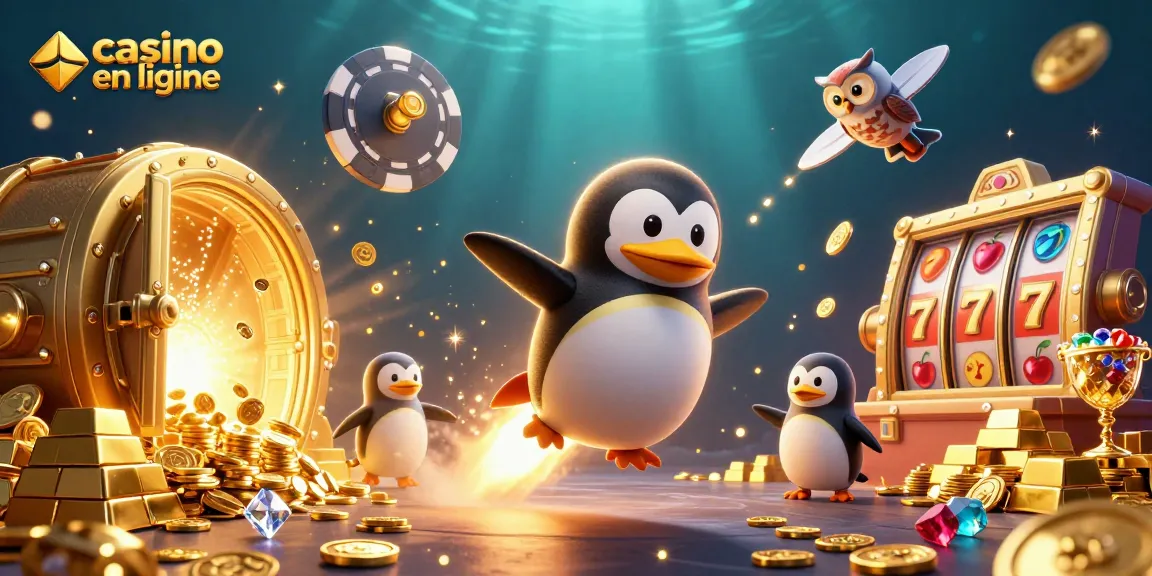 Jouez à casino en ligne avec une illustration d'un pingouin doré et des éléments de jeux animés.