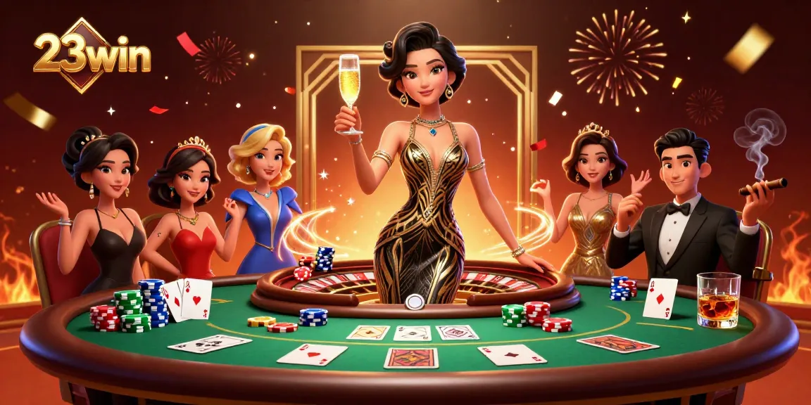 Engage in thrilling casino action with 23win featuring an elegant woman, poker chips, and lively atmosphere.