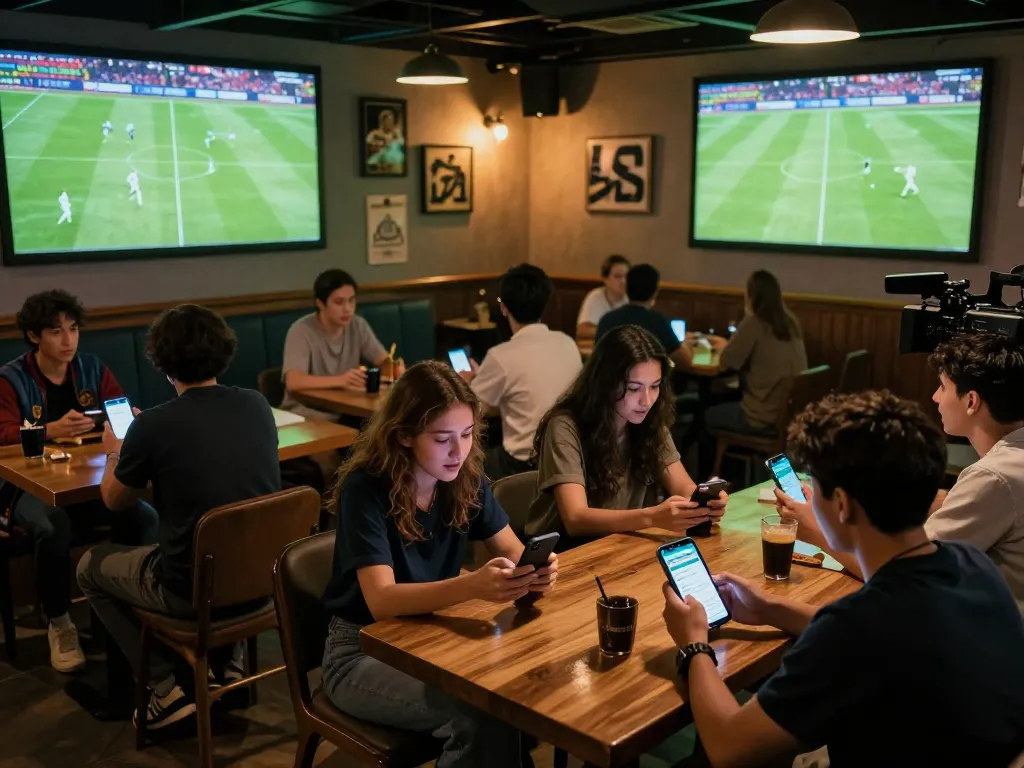 Cakhiatv app displayed on mobile device as fans analyze soccer game strategies in a bustling sports bar