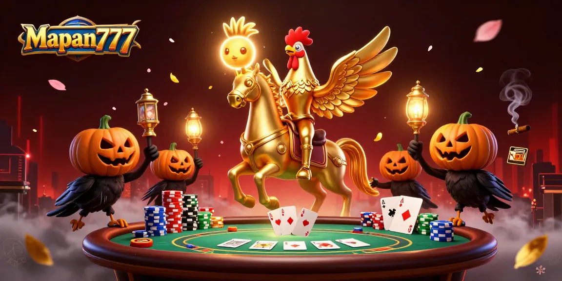 Experience the thrill of poker with Mapan777 in a lively casino scene featuring dynamic characters.