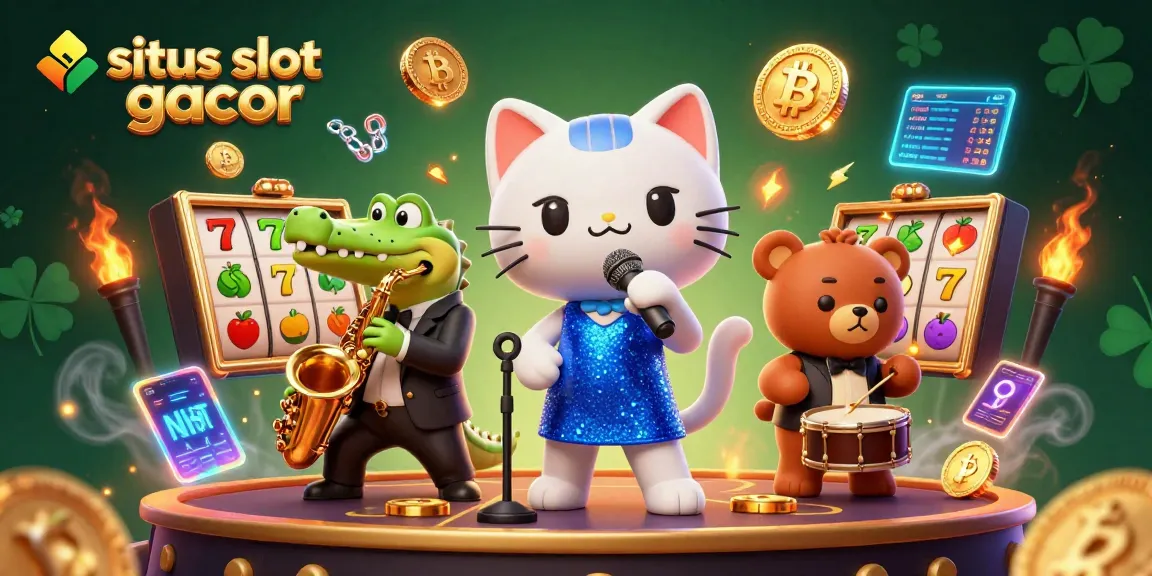 Engage with the situs slot gacor illustrated scene filled with dynamic gambling elements showcasing vibrant slot reels and playful characters.