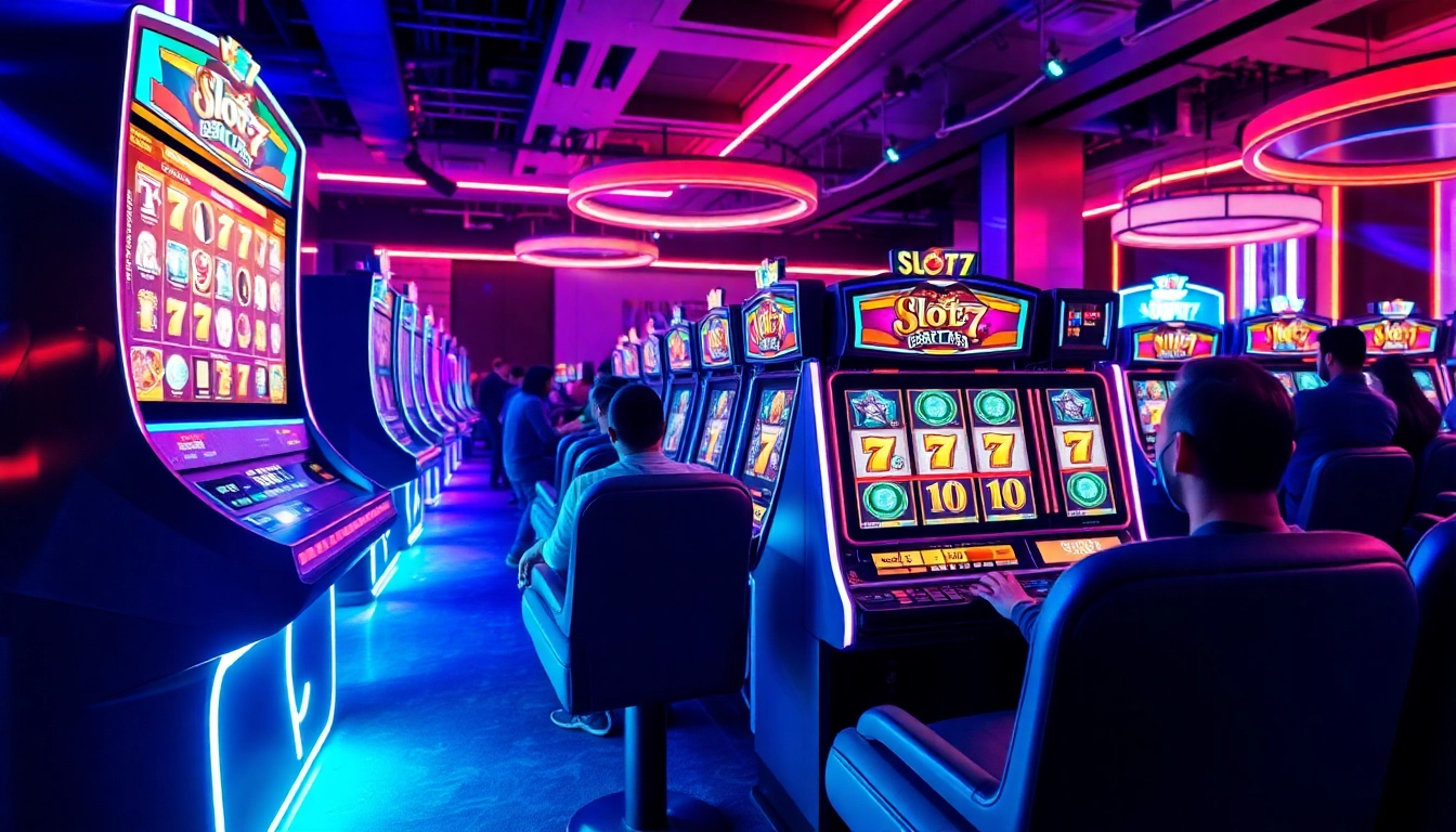 Mainkan Slot77 di mesin game modern dengan suasana penuh energi dan pencahayaan neon.