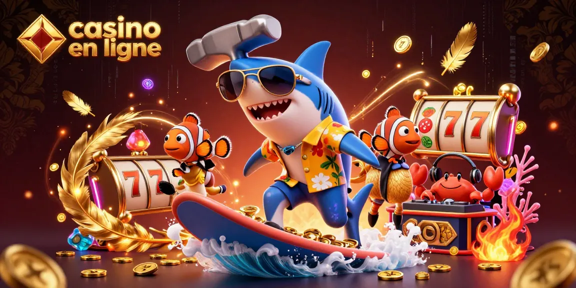Jouez à des jeux captivants de casino en ligne avec une scène animée de requin, poisson clown et crabe DJ.