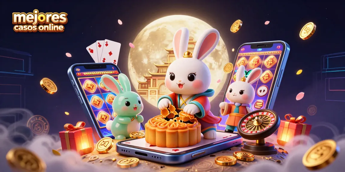 Disfruta de los mejores casinos online con una ilustración mágica de un conejo de la luna y elementos de juego.