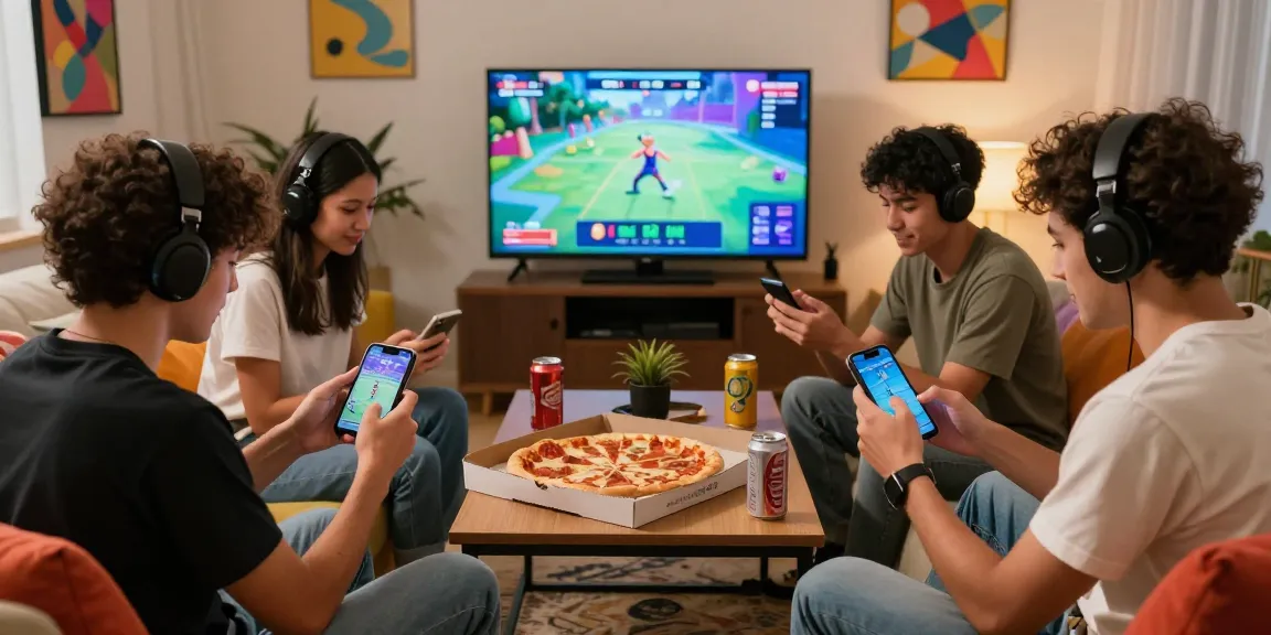 Friends engaged in friendly smash or pass ai game with AI-generated images, sharing a fun and lively atmosphere.
