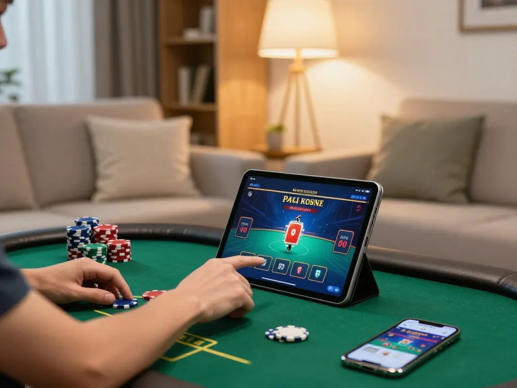 hb88 player engaging in strategic online poker gaming from a cozy living room with modern design