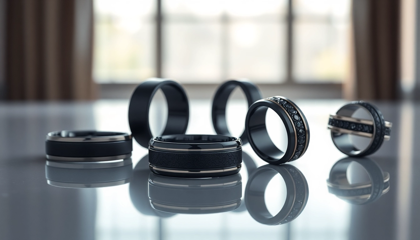 Showcase of elegant Black Wedding Rings for Men highlighting unique designs and textures.