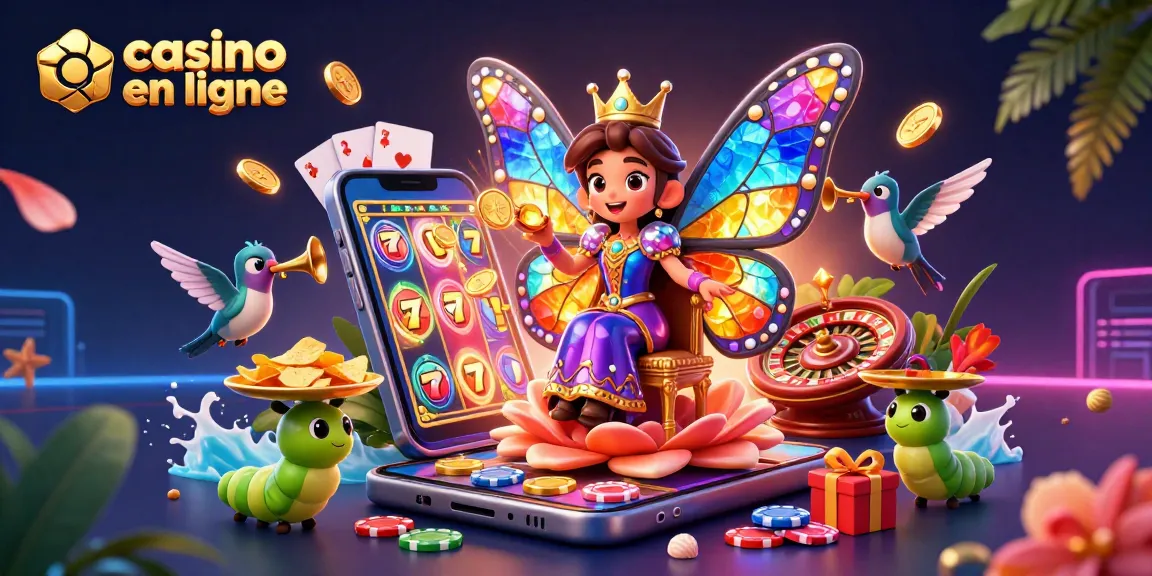 Casino en ligne : Rejoignez la reine papillon au jeu avec des pièces et cartes colorées.