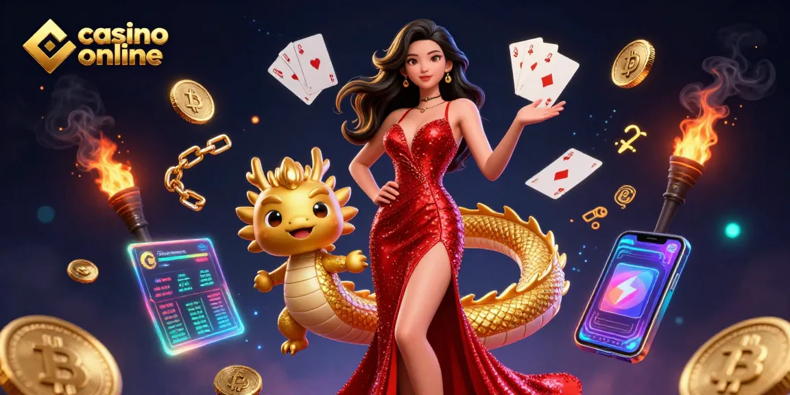 Découvrez l'excitation du casino en ligne avec une femme asiatique glamour et une mascotte de dragon doré dans une scène 3D vibrante.