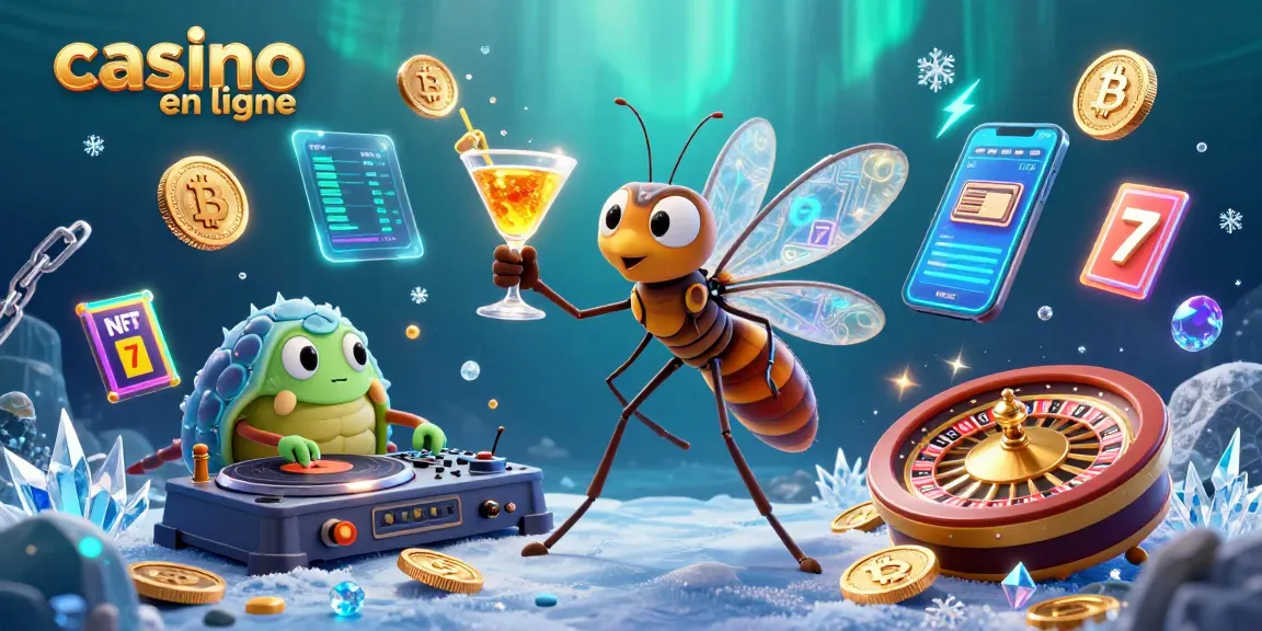 Jouez au casino en ligne avec un moustique mascotte et des éléments de jeux animés dans un fond captivant.