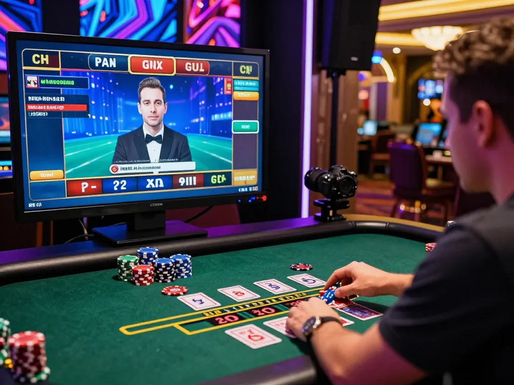 Engaging online baccarat gaming scene featuring a player interacting with a live dealer, vibrant casino atmosphere, showcasing 바카라사이트 gameplay.