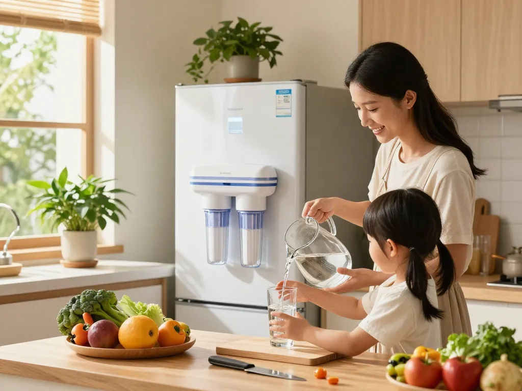 Family enjoying filtered water with the EcoAqua EFF-6027A Replacement Filter in a bright kitchen.