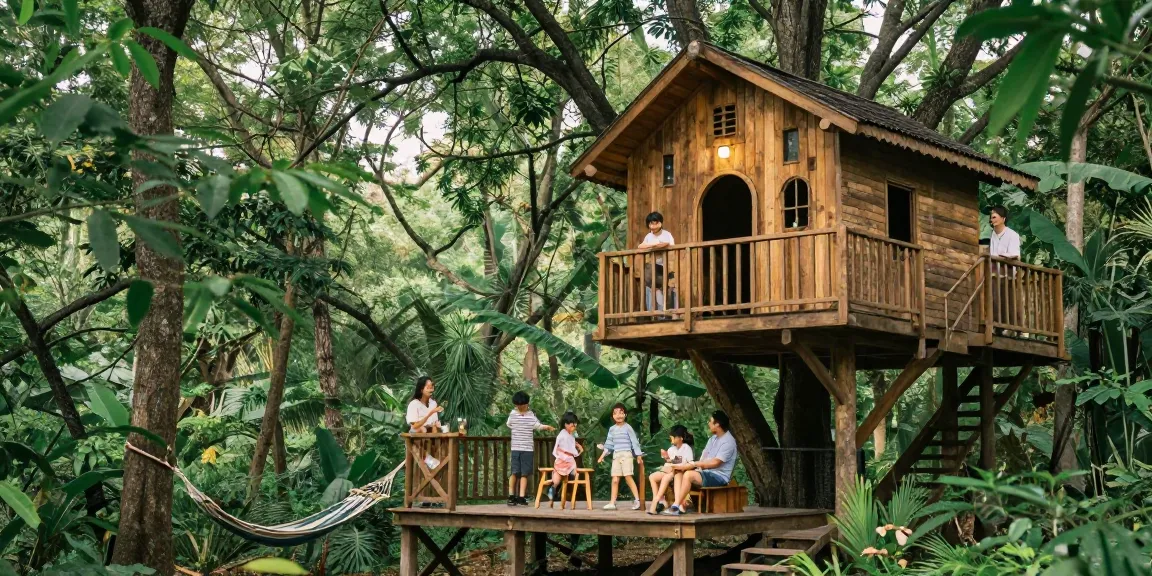 Family enjoying treehouses in a lush forest setting with children playing and parents relaxing.