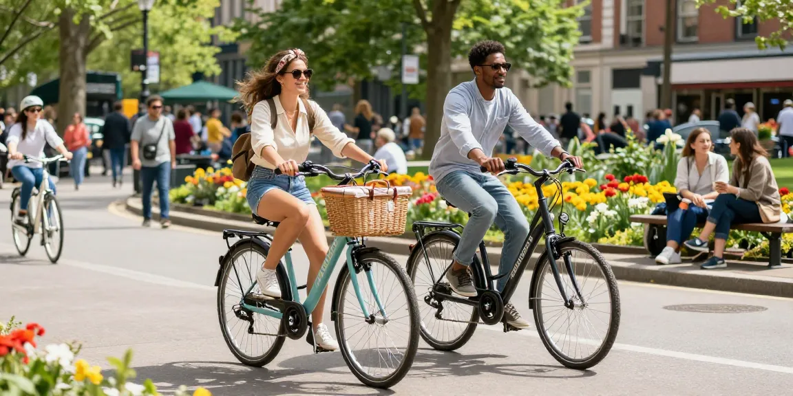 Doppio Bike e-bike being enjoyed by a happy couple cycling in a vibrant city park.