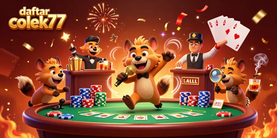 Engage with daftar colek77 in a vibrant casino scene filled with hyena entertainers and gaming elements.