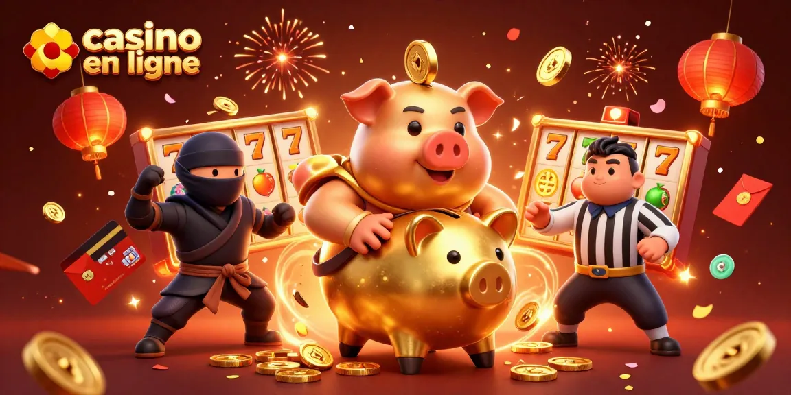 Une scène de casino en ligne dynamique avec un sumo en tirelire dorée et des éléments de jeu.