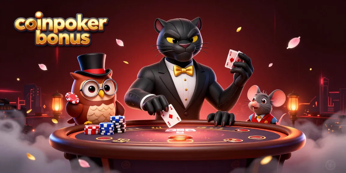 Scopri il coinpoker bonus con la pantera elegante al tavolo da poker, aiutata da un gufo e un topo fortunato.