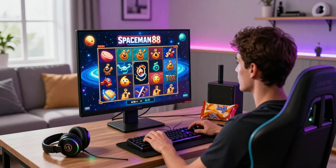 Player immersed in Spaceman88 slot game with vibrant graphics and modern setup.