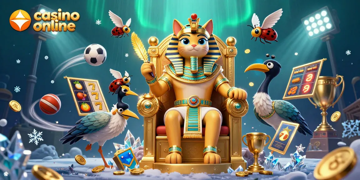 Découvrez un gameplay de casino en ligne passionnant avec une illusion 3D vibrante d'un chat pharaon et des éléments sportifs dynamiques.