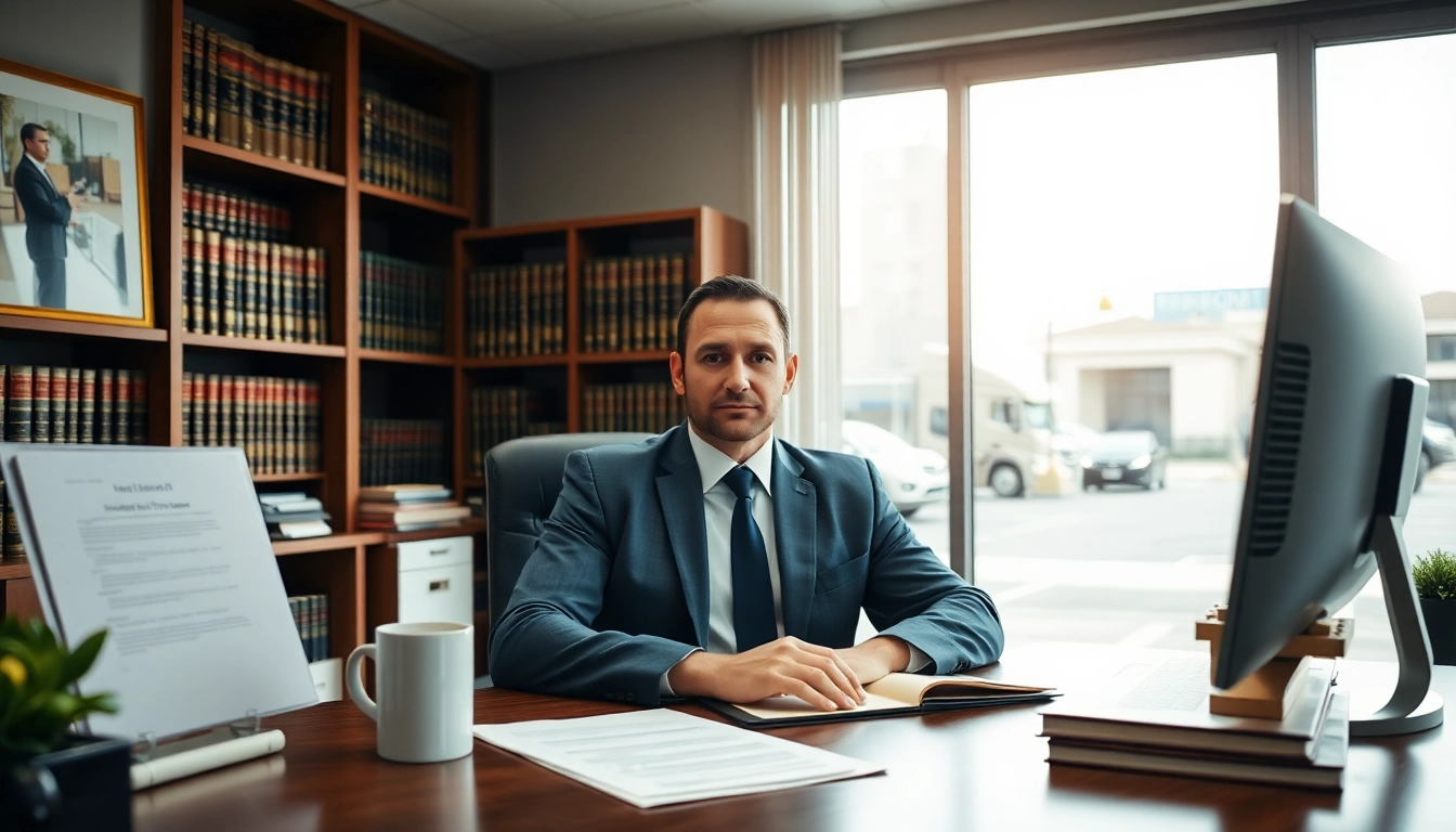 Truck accident attorney Clearwater consulting in an office filled with legal resources.