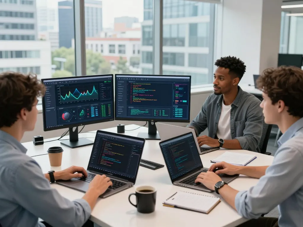 Team collaborating at a digital asset mining platform workspace, showcasing blockchain data and software.
