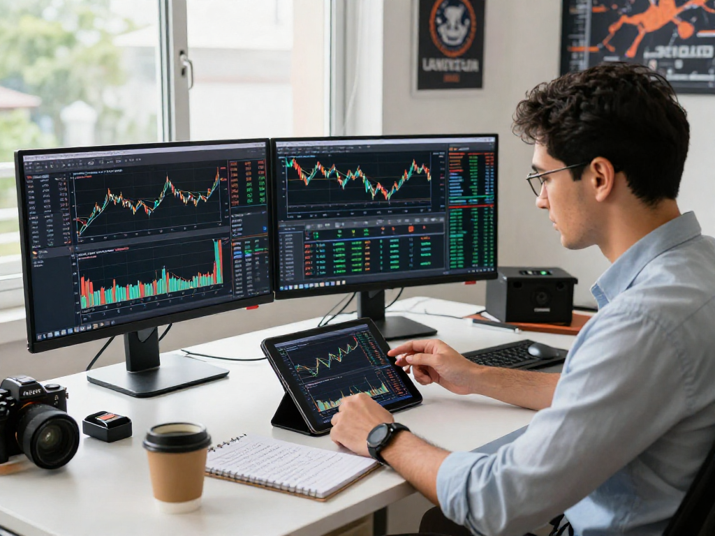 专业交易员在MetaTrader 5平台上分析数据，展示多屏金融图表和实时更新，专注而具活力的交易环境。
