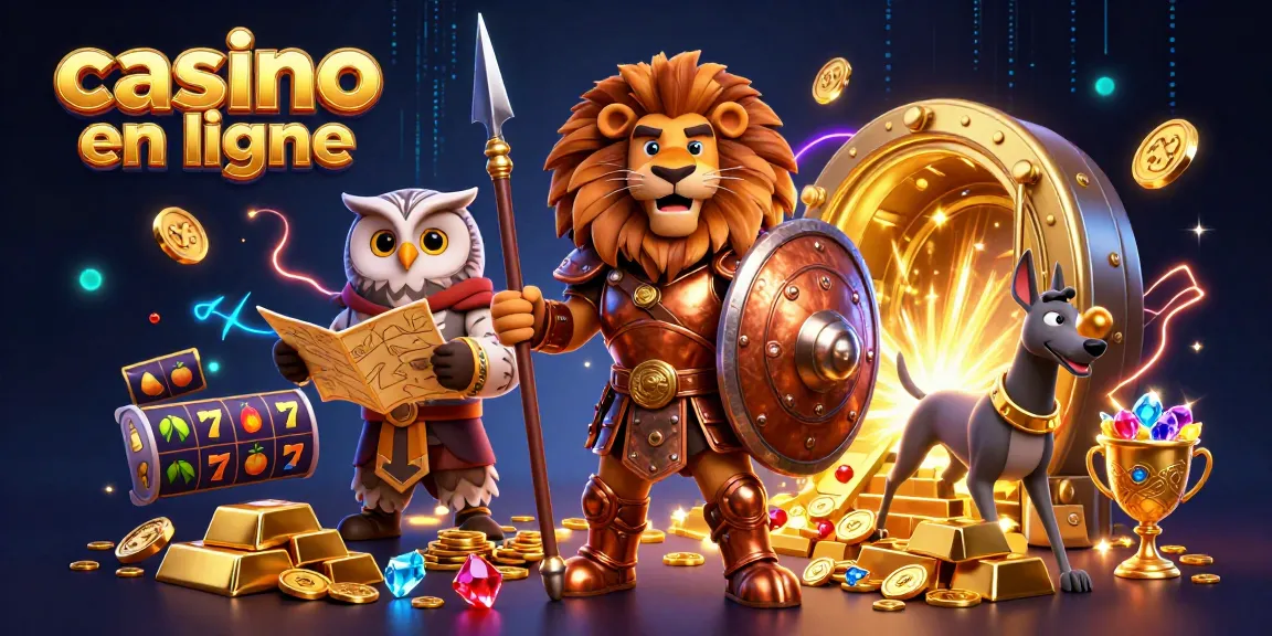 Illustration animée représentant le casino en ligne avec un lion spartan, un hibou et un greyhound au milieu de richesses.