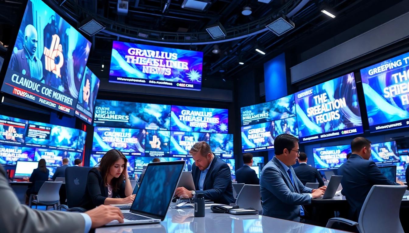 News professionals collaborating in a modern newsroom filled with digital displays and vibrant headlines.