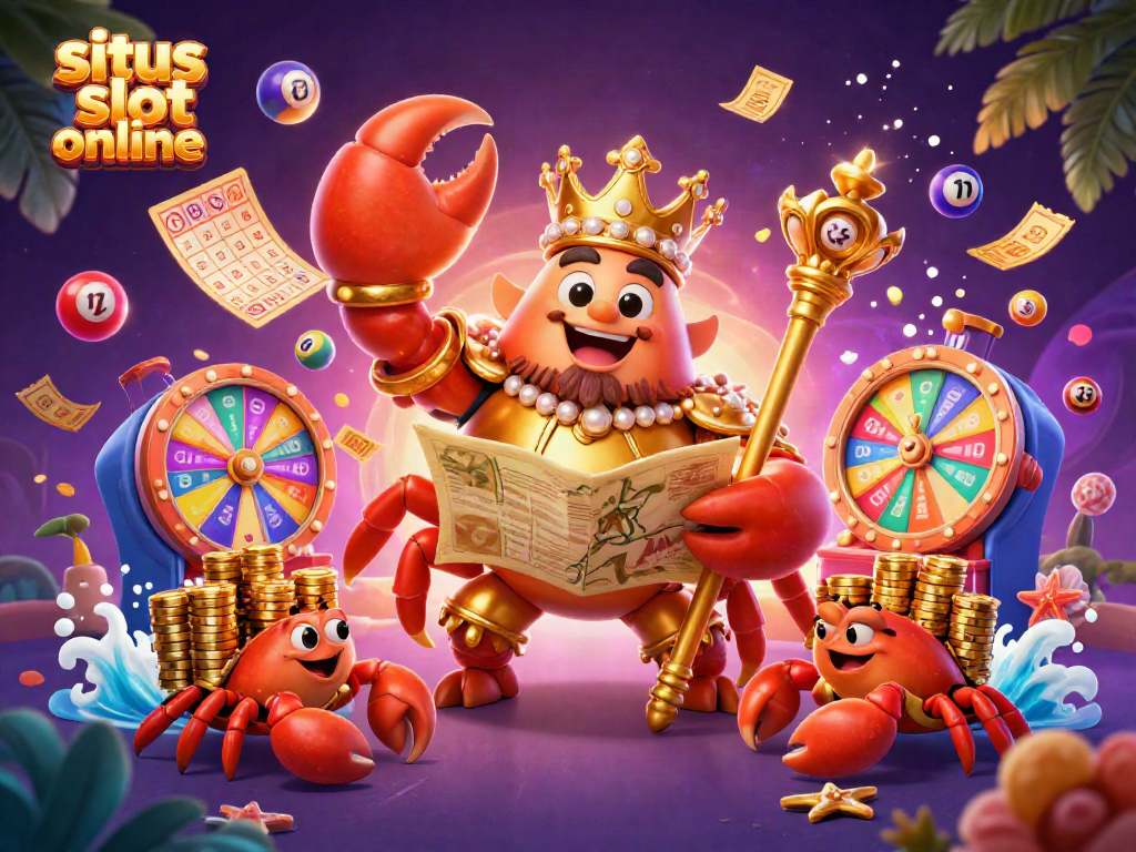 Situs slot online dengan karakter krab emas dan elemen permainan yang dinamis, mengundang taruhan.