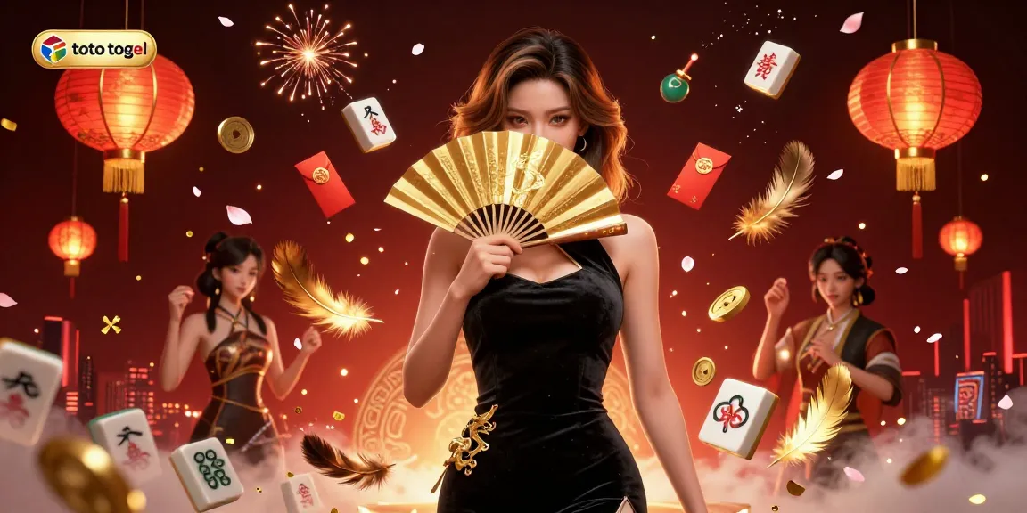 Rasakan aksi toto togel yang mendebarkan dengan ilustrasi menawan dari karakter Asia yang glamor di antara elemen permainan emas yang cerah.