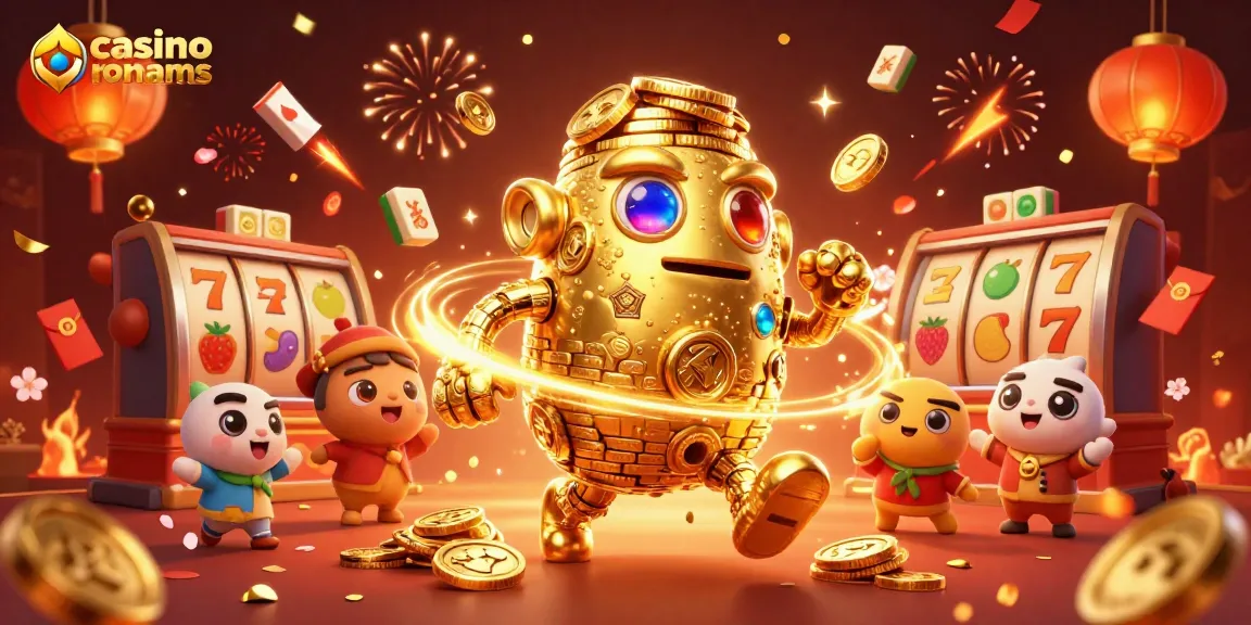 Casinò non AAMS: Scopri un golem d'oro che celebra in un vivace ambiente di slot machine.