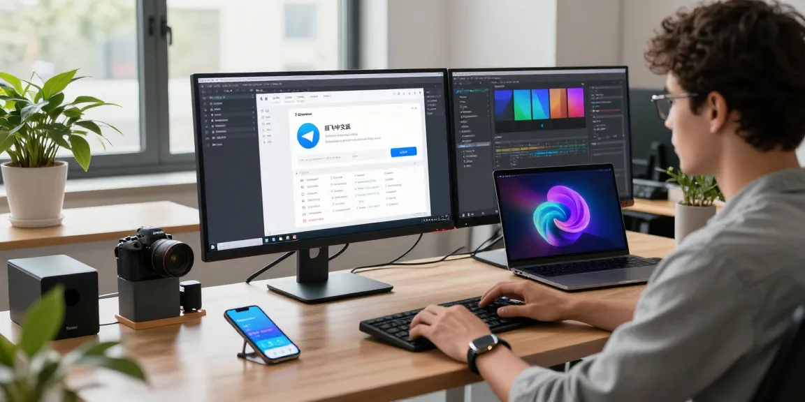Developer coding the 纸飞机中文版 app in a modern workspace with dual monitors, showcasing productivity and tech innovation.